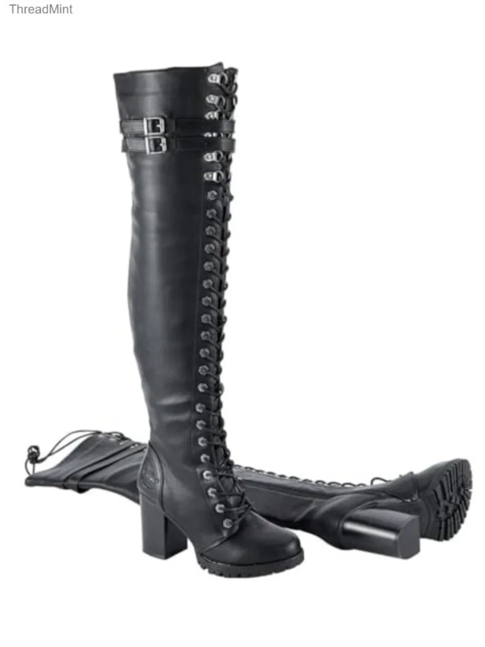Faux Leather Over the Knee Thigh High Boots Lace Up Chunky Heel